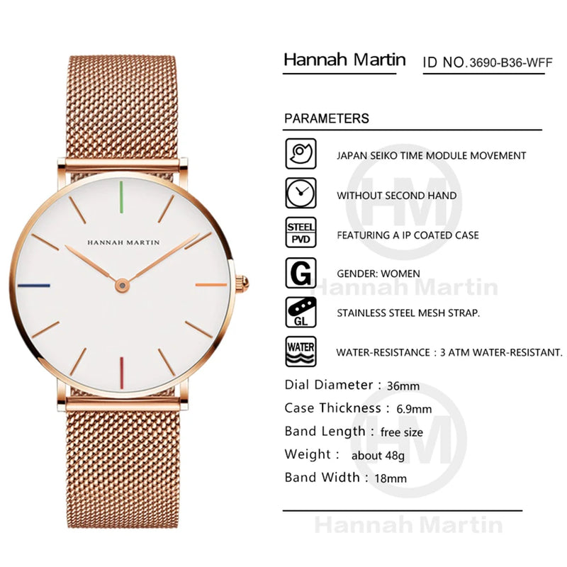 Relógio Feminino Hannah Martin (Quartzo Japonês) – Malha em Aço Rose Gold (Brilhare)