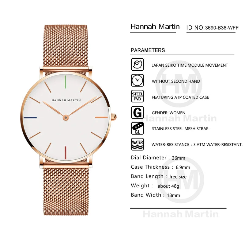 Relógio Feminino Hannah Martin (Quartzo Japonês) – Malha em Aço Rose Gold (Brilhare)