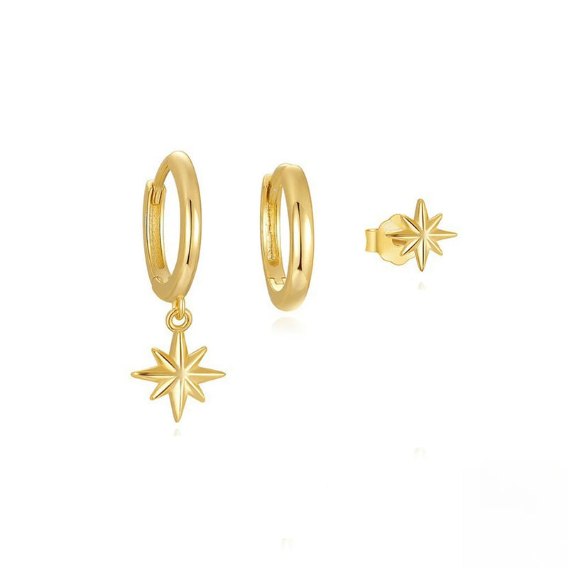 Conjunto de Brincos em Aço Inoxidável (3 Peças) – Estrela Redonda Banhada a Ouro 18K (Brilhare)