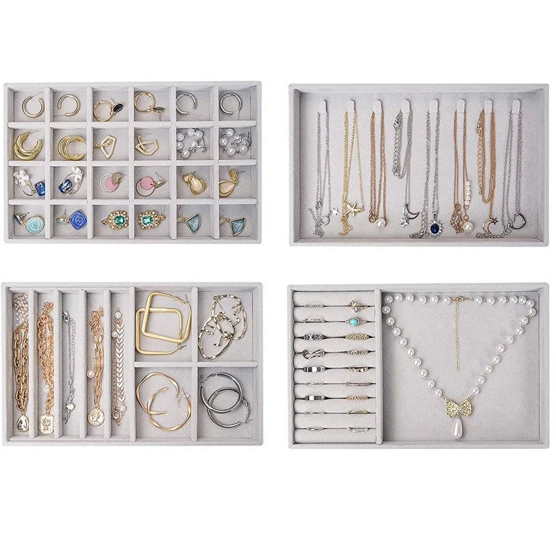 Velvet Jewelry Tray Display Case Portable Holder Earring Necklace Packaging Box Grey Beige Stackable Jewelry Organizer Boxes