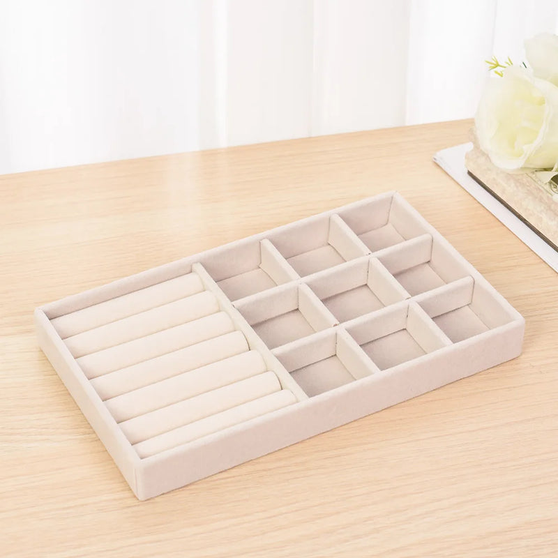 Velvet Jewelry Tray Display Case Portable Holder Earring Necklace Packaging Box Grey Beige Stackable Jewelry Organizer Boxes