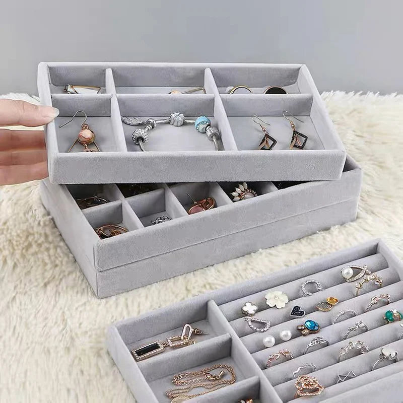 Velvet Jewelry Tray Display Case Portable Holder Earring Necklace Packaging Box Grey Beige Stackable Jewelry Organizer Boxes