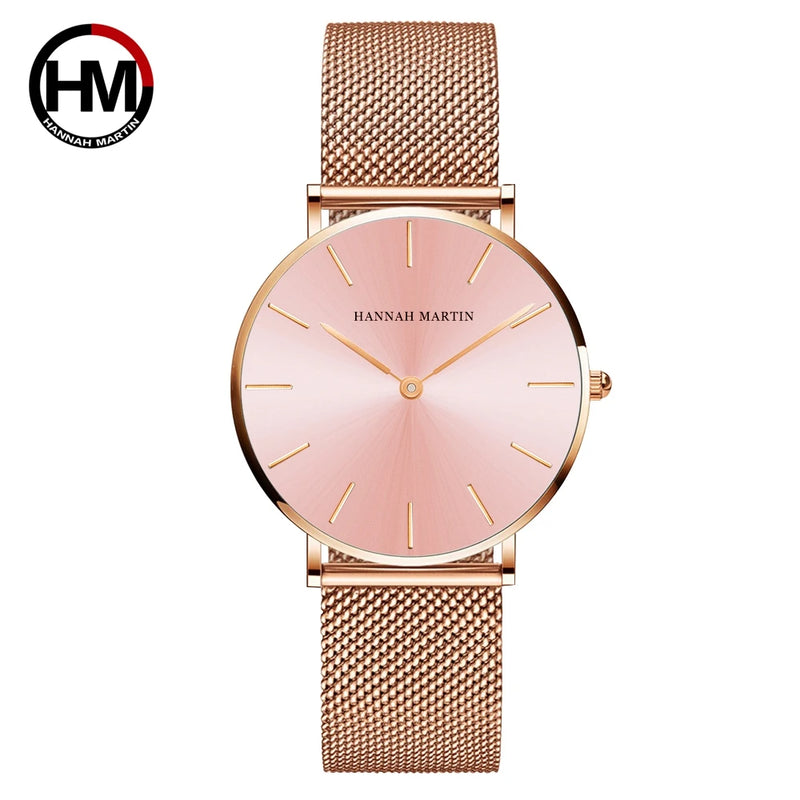 Relógio Feminino Hannah Martin (Quartzo Japonês) – Malha em Aço Rose Gold (Brilhare)